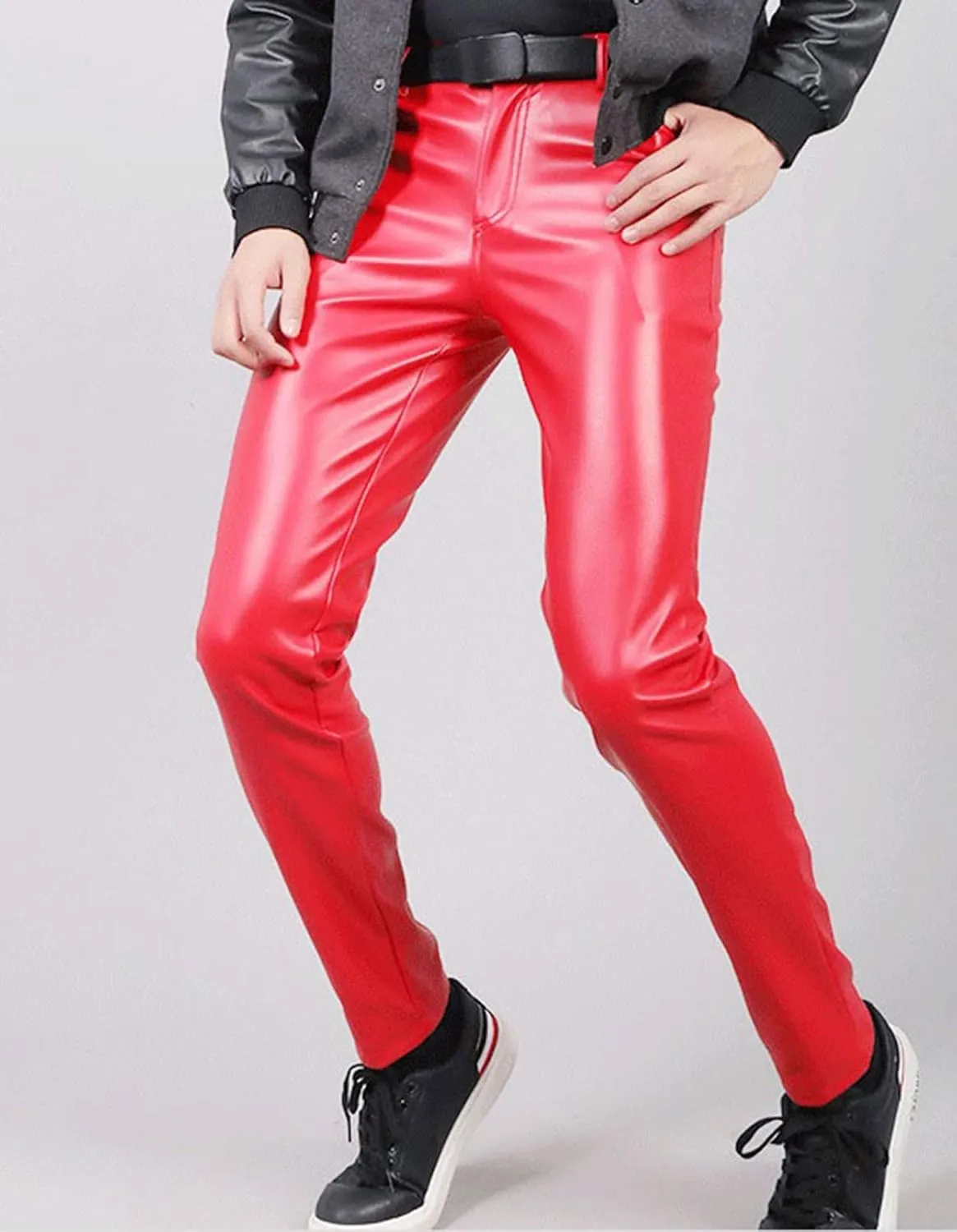 Men`s Business Slim Fit Five Pockets Faux Leather Pants Jeans