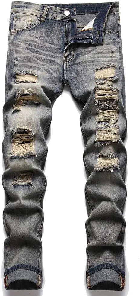 Men's Jeans Slim Fit Ripped Straight Leg Distressed Fashion Denim Pants