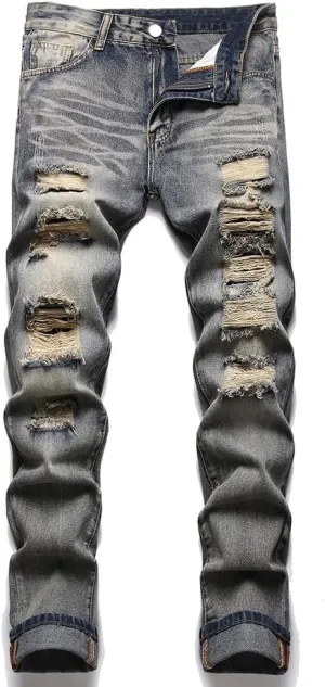 Men's Jeans Slim Fit Ripped Straight Leg Distressed Fashion Denim Pants