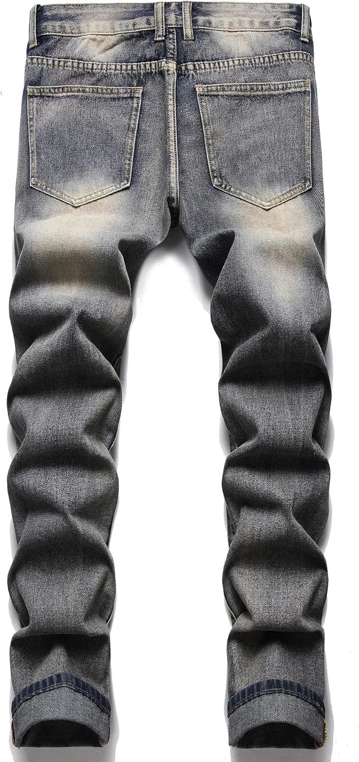 Men's Jeans Slim Fit Ripped Straight Leg Distressed Fashion Denim Pants