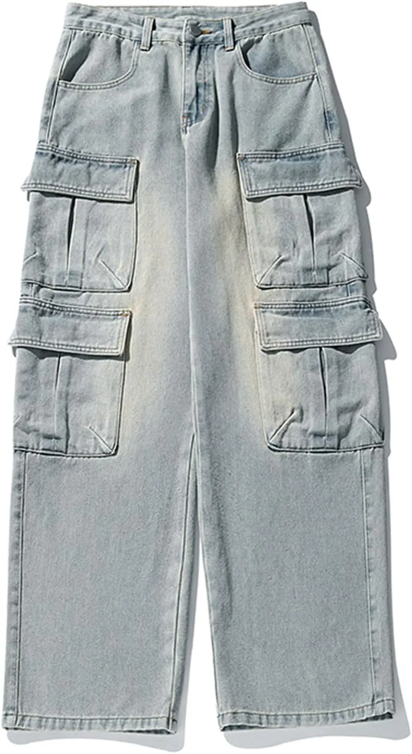 Men's Loose Cargo Pants Mulit Pockets Straight Leg Denim Jeans Casual Trousers