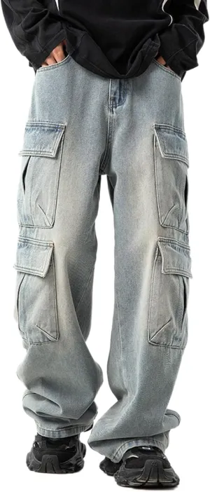 Men's Loose Cargo Pants Mulit Pockets Straight Leg Denim Jeans Casual Trousers