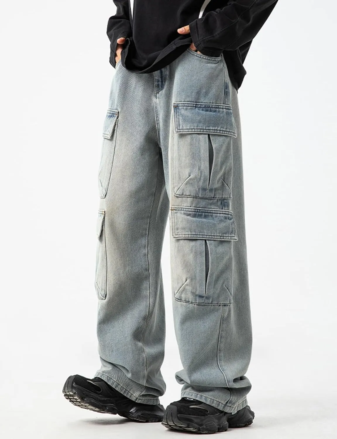 Men's Loose Cargo Pants Mulit Pockets Straight Leg Denim Jeans Casual Trousers