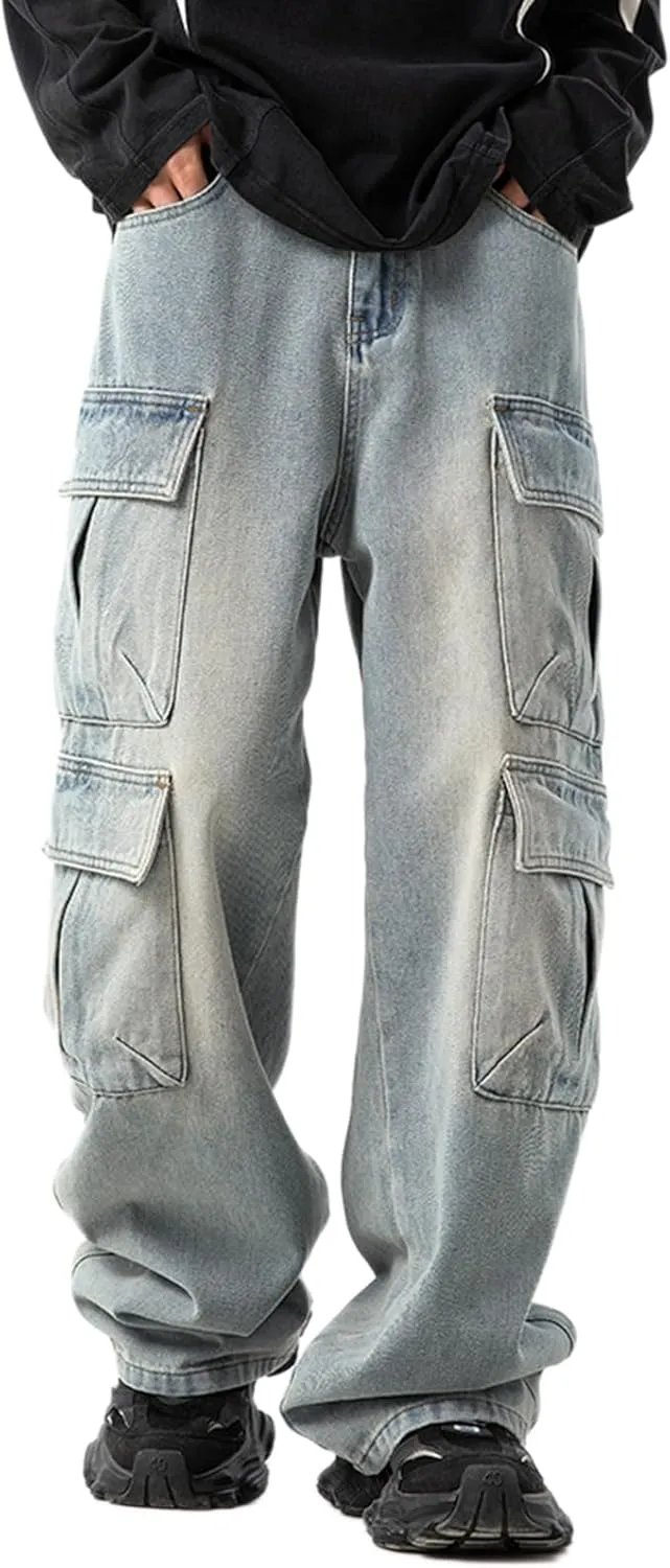 Men's Loose Cargo Pants Mulit Pockets Straight Leg Denim Jeans Casual Trousers
