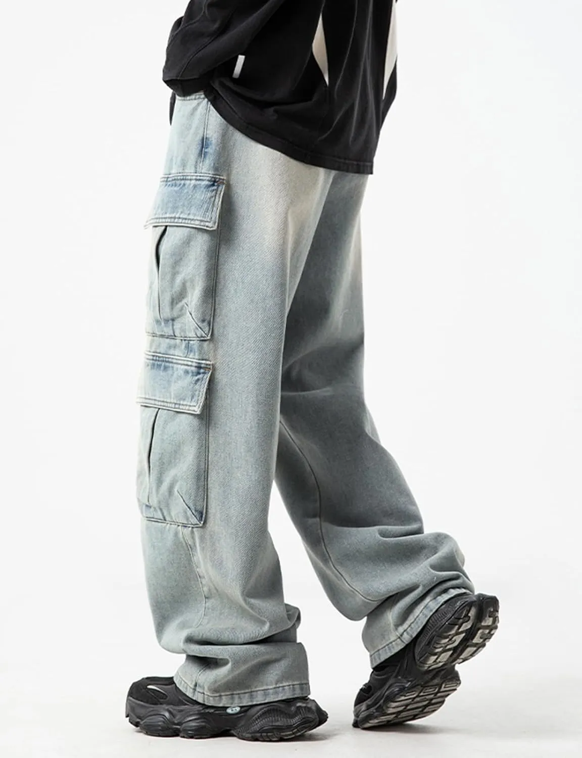 Men's Loose Cargo Pants Mulit Pockets Straight Leg Denim Jeans Casual Trousers