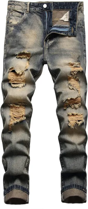 Men's Ripped Jeans,Slim Fit Distressed Straight Leg Fashion Denim Pants