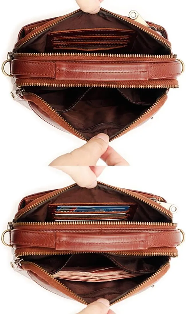 Men's Waist Belt Bag with Shoulder Strap and Top Handle Real Leather 3 Way Business Outdoor Travel Cellphone Pouch Security Purse Daypack Lightweight Horizontal Black
