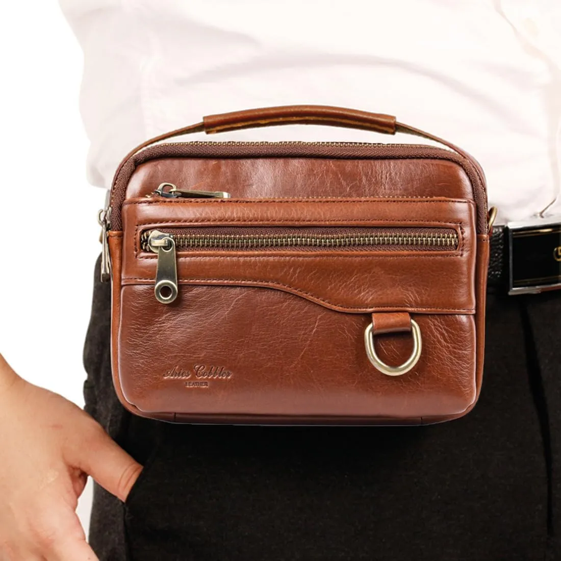 Men's Waist Belt Bag with Shoulder Strap and Top Handle Real Leather 3 Way Business Outdoor Travel Cellphone Pouch Security Purse Daypack Lightweight Horizontal Black