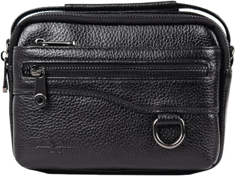 Men's Waist Belt Bag with Shoulder Strap and Top Handle Real Leather 3 Way Business Outdoor Travel Cellphone Pouch Security Purse Daypack Lightweight Horizontal Black