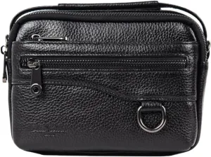 Men's Waist Belt Bag with Shoulder Strap and Top Handle Real Leather 3 Way Business Outdoor Travel Cellphone Pouch Security Purse Daypack Lightweight Horizontal Black