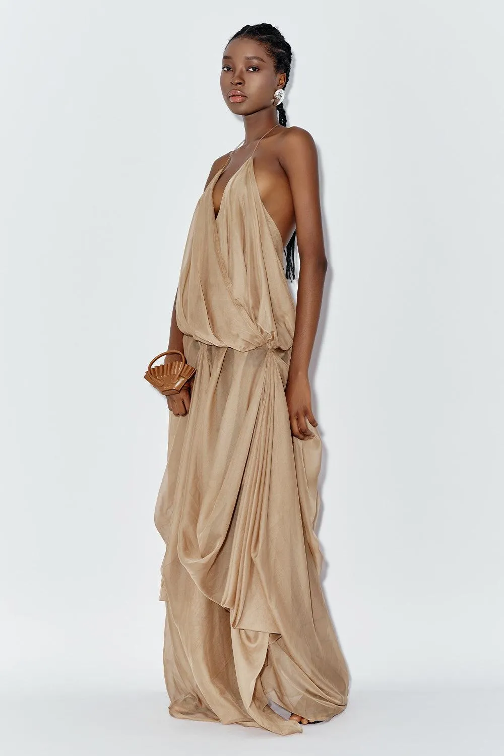 Ocean Blouson Draped Chiffon Maxi Dress