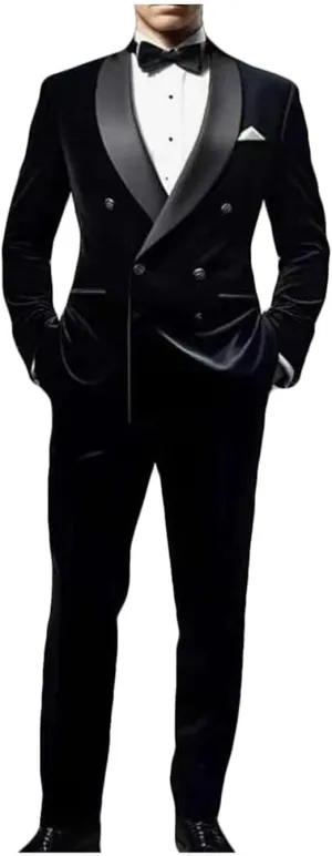 ORBITRAY Men's Velvet Suit 2025 Double Breasted Peaked Lapel Slim Fit Prom Suits for Men