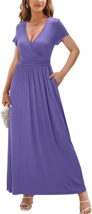 OUGES Women's Long/Short Sleeve V-Neck Wrap Waist Maxi Dress