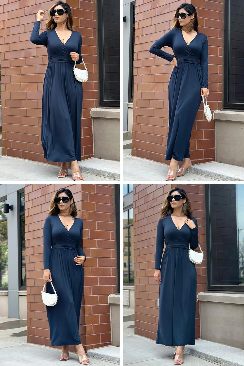 OUGES Women's Long/Short Sleeve V-Neck Wrap Waist Maxi Dress