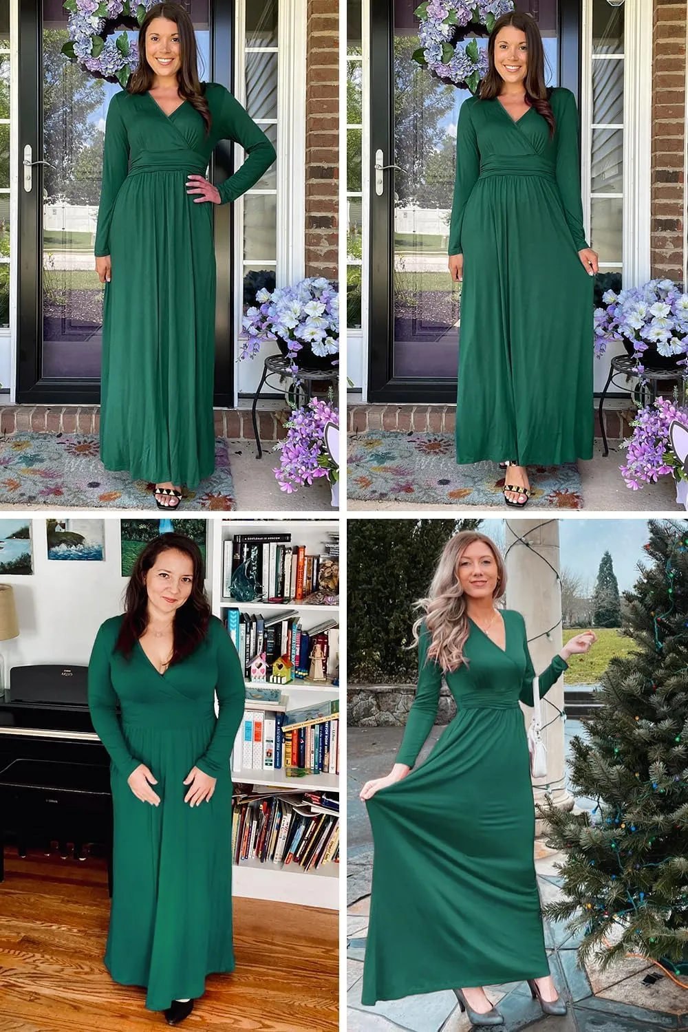 OUGES Women's Long/Short Sleeve V-Neck Wrap Waist Maxi Dress