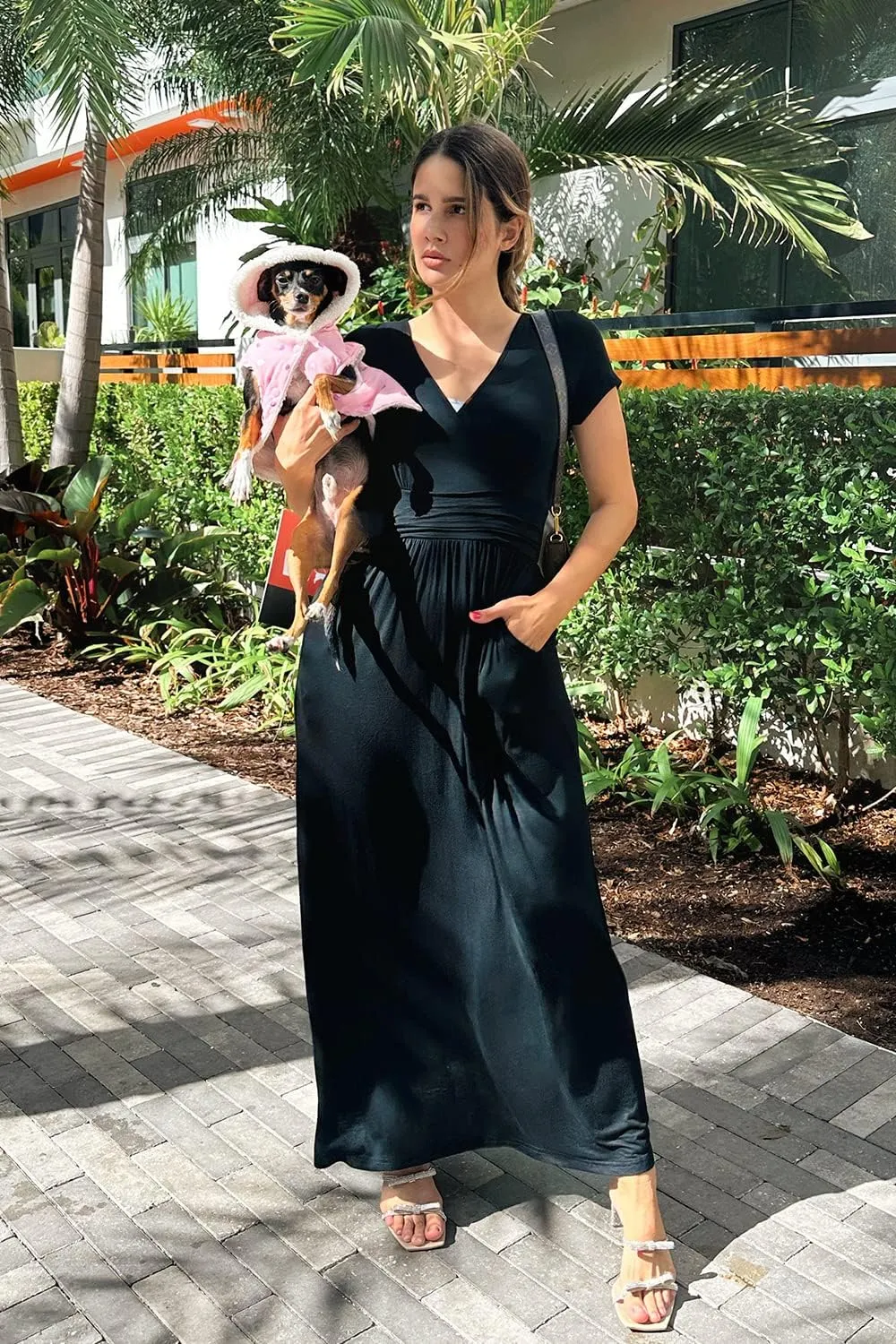 OUGES Women's Long/Short Sleeve V-Neck Wrap Waist Maxi Dress