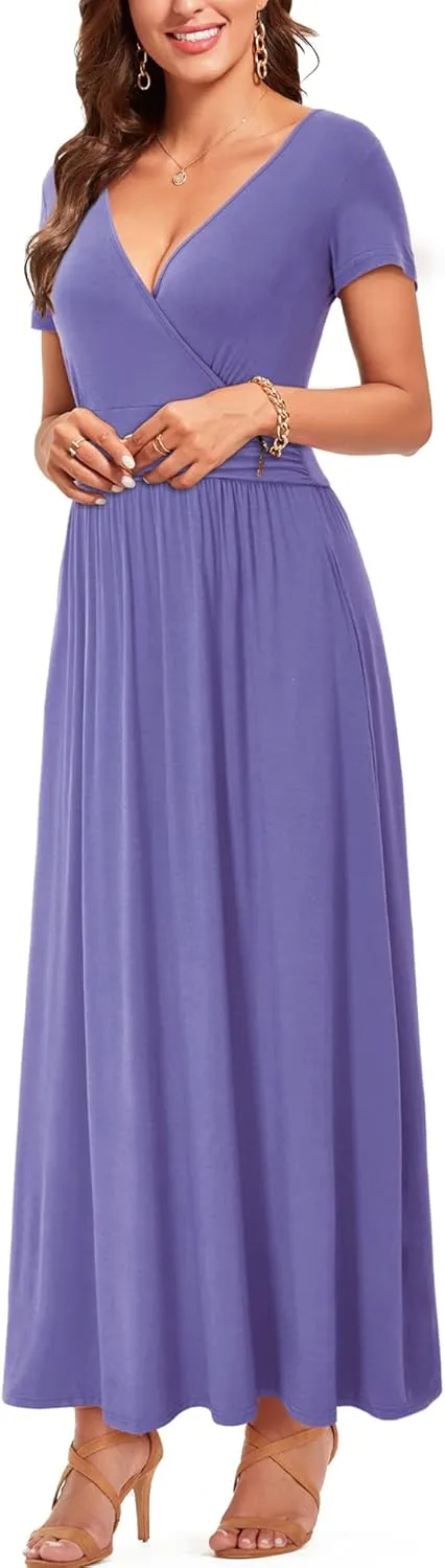 OUGES Women's Long/Short Sleeve V-Neck Wrap Waist Maxi Dress