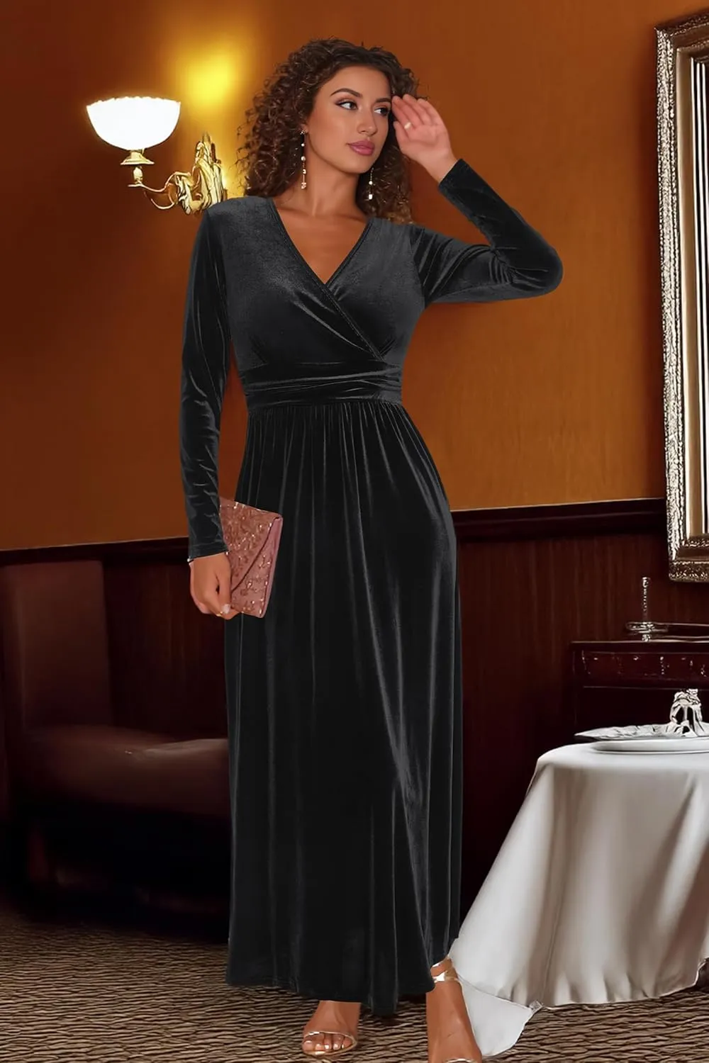 OUGES Women's Long/Short Sleeve V-Neck Wrap Waist Maxi Dress