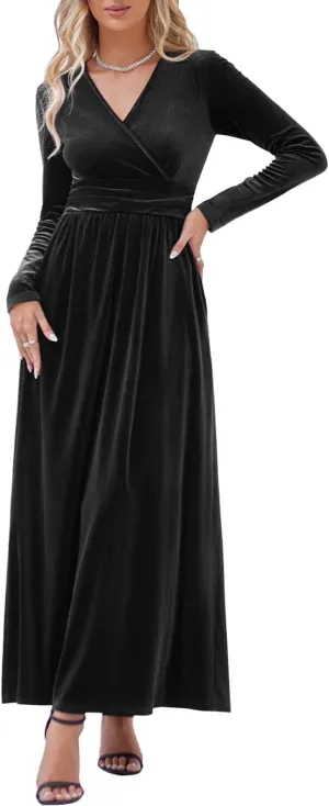 OUGES Women's Long/Short Sleeve V-Neck Wrap Waist Maxi Dress