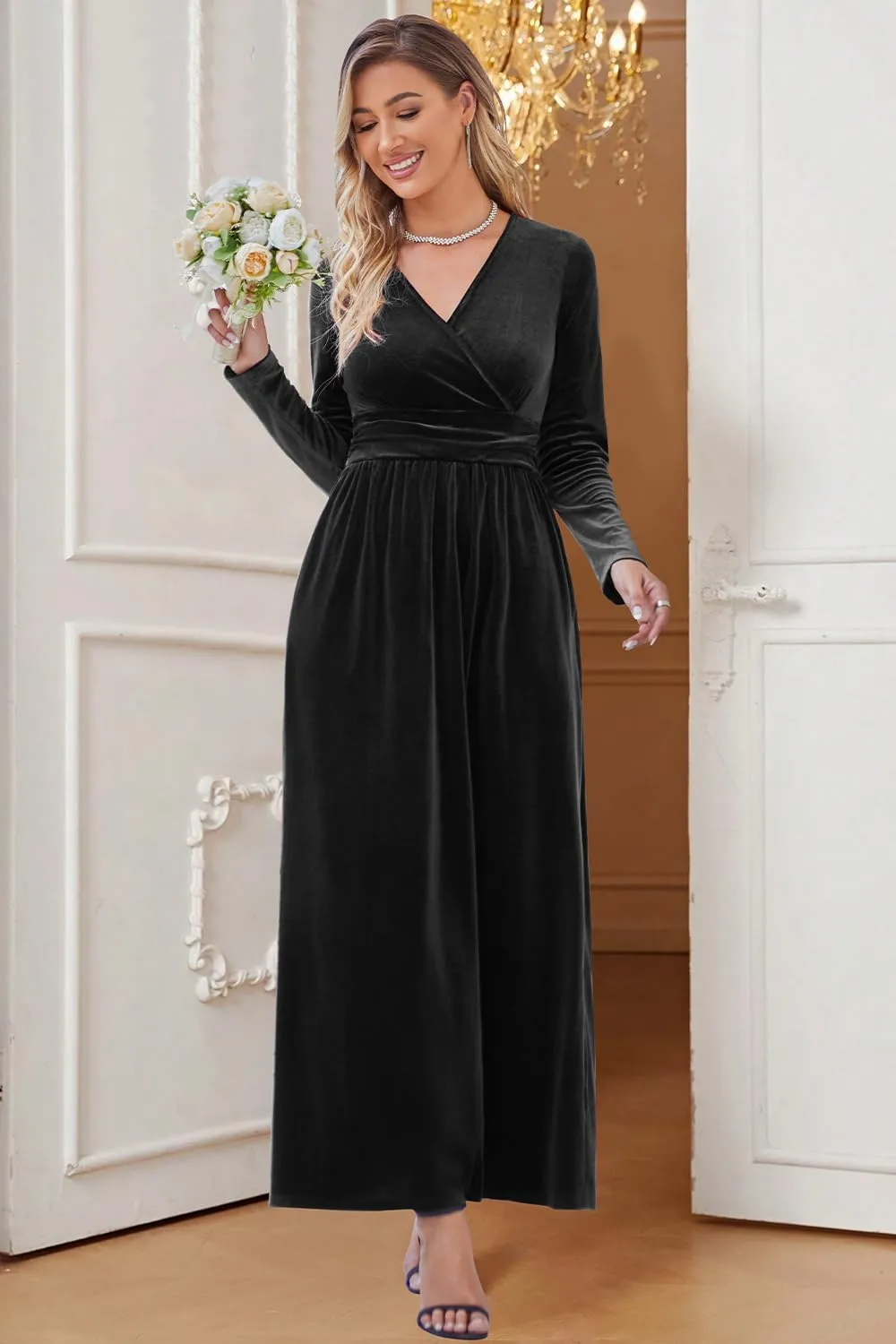 OUGES Women's Long/Short Sleeve V-Neck Wrap Waist Maxi Dress