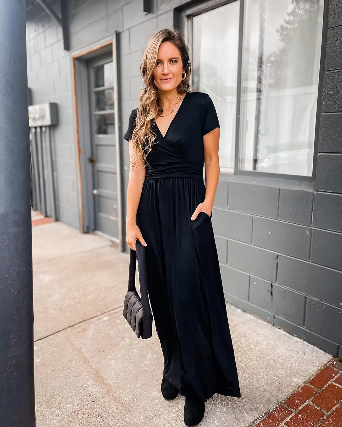 OUGES Women's Long/Short Sleeve V-Neck Wrap Waist Maxi Dress