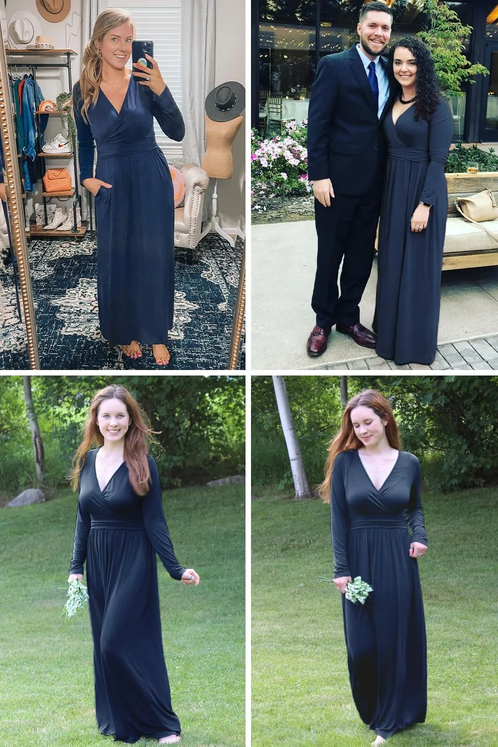 OUGES Women's Long/Short Sleeve V-Neck Wrap Waist Maxi Dress