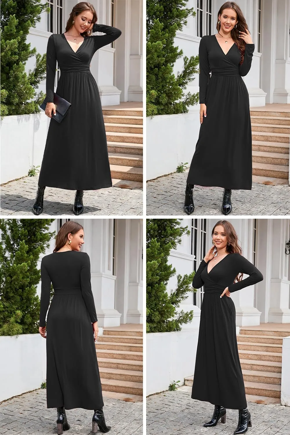 OUGES Women's Long/Short Sleeve V-Neck Wrap Waist Maxi Dress
