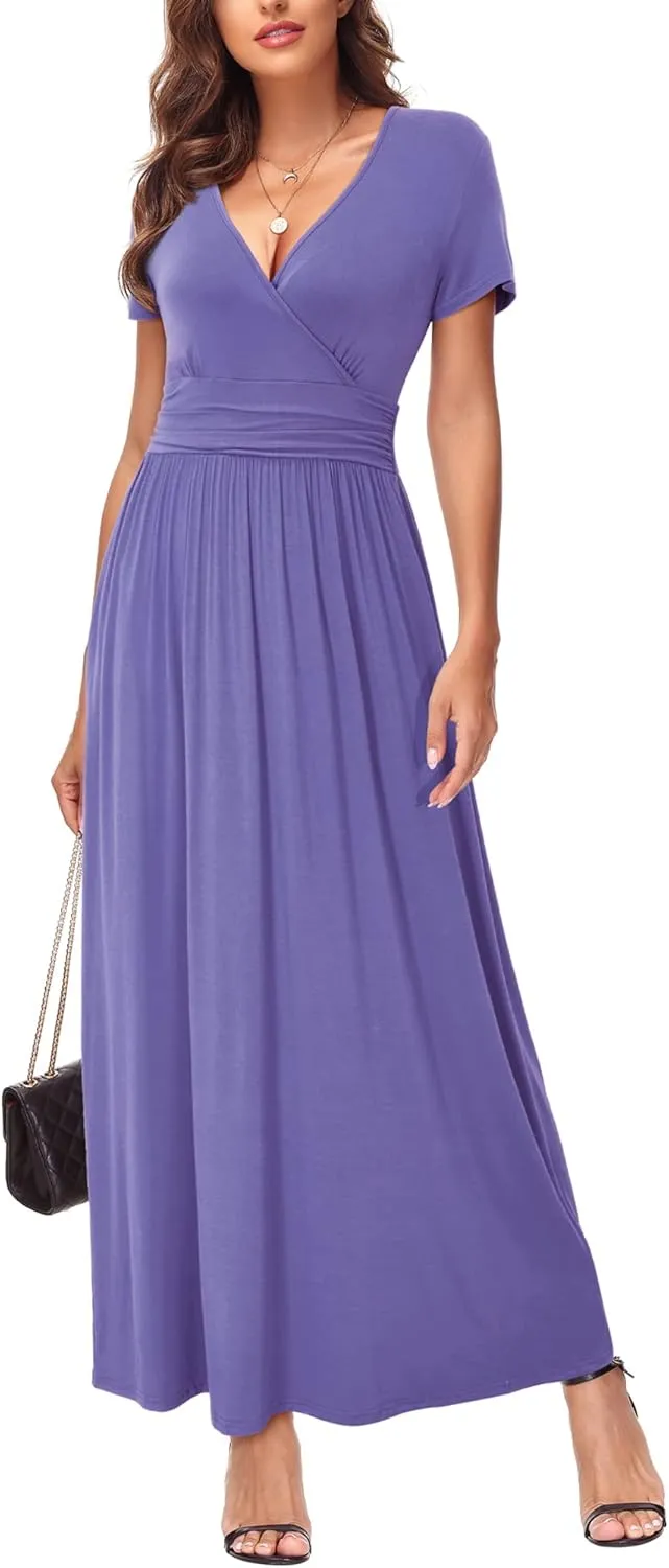 OUGES Women's Long/Short Sleeve V-Neck Wrap Waist Maxi Dress