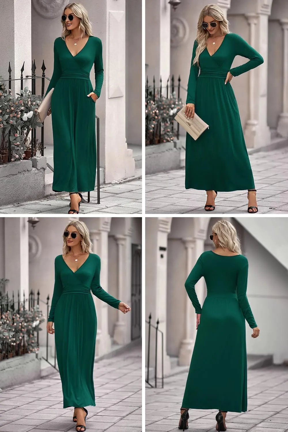 OUGES Women's Long/Short Sleeve V-Neck Wrap Waist Maxi Dress