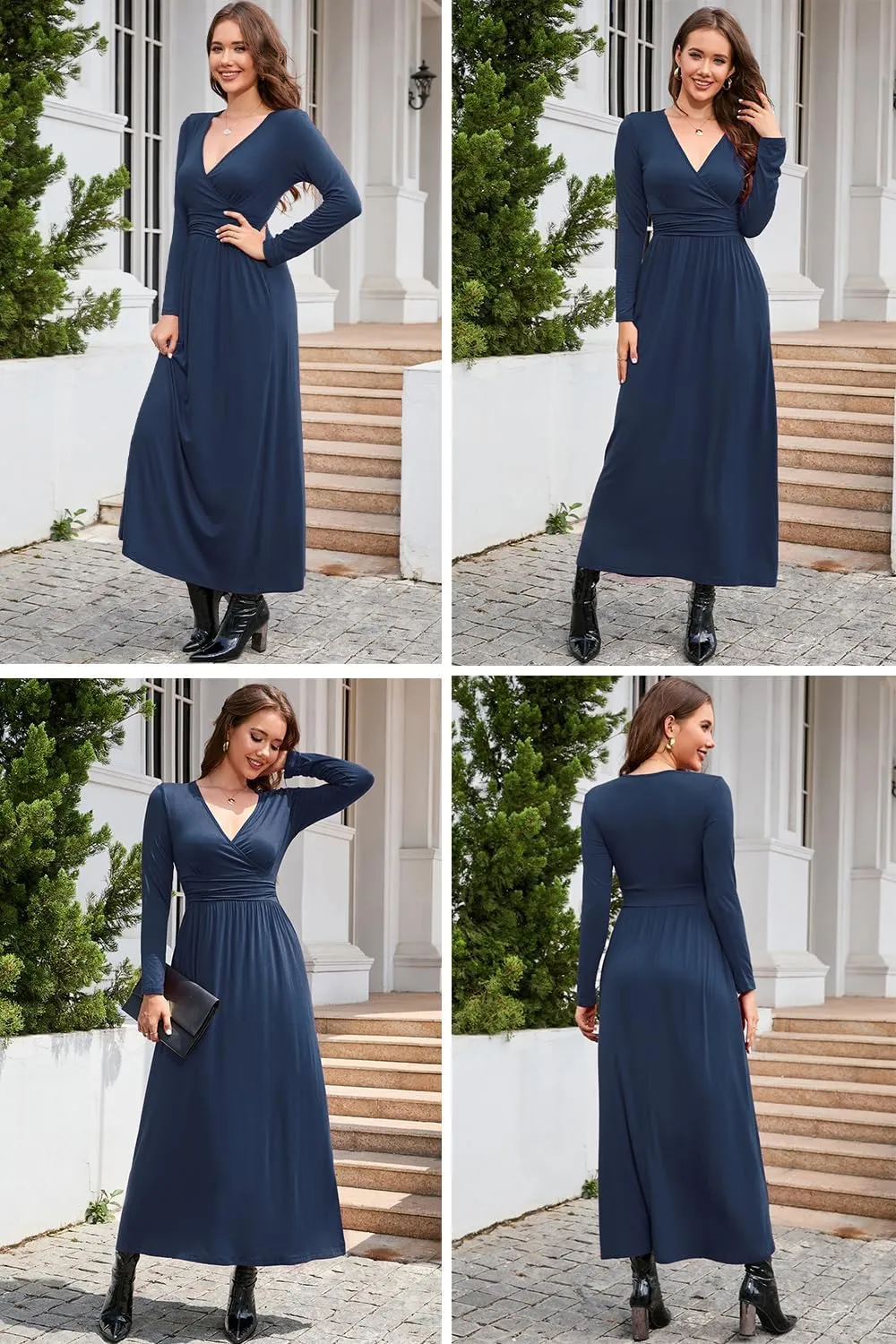 OUGES Women's Long/Short Sleeve V-Neck Wrap Waist Maxi Dress