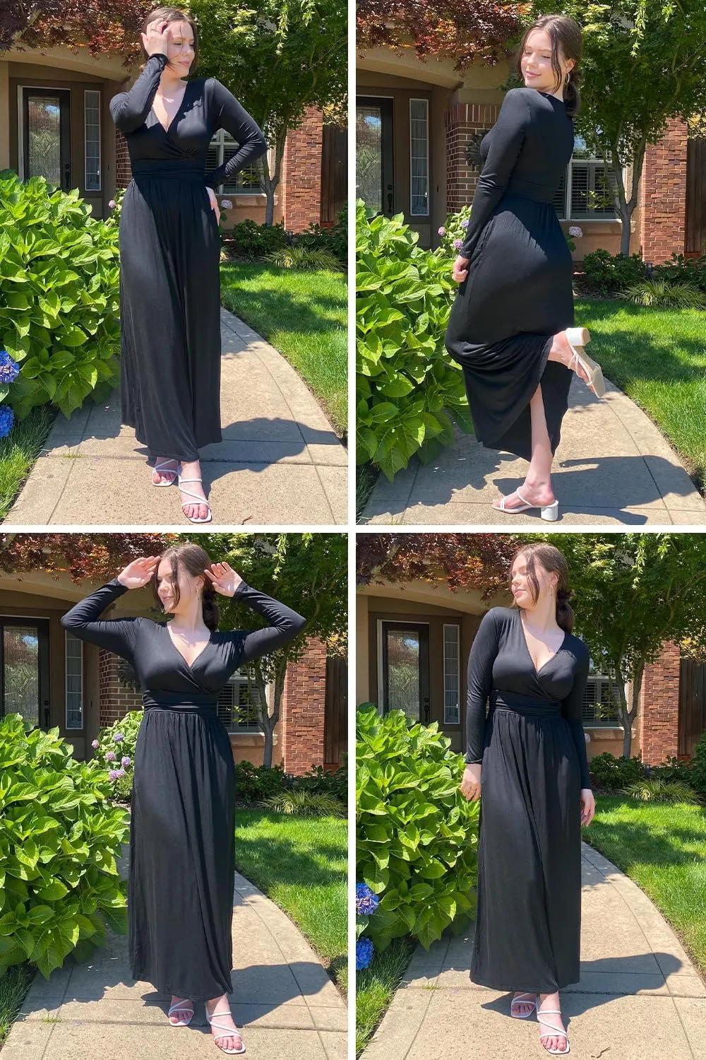 OUGES Women's Long/Short Sleeve V-Neck Wrap Waist Maxi Dress
