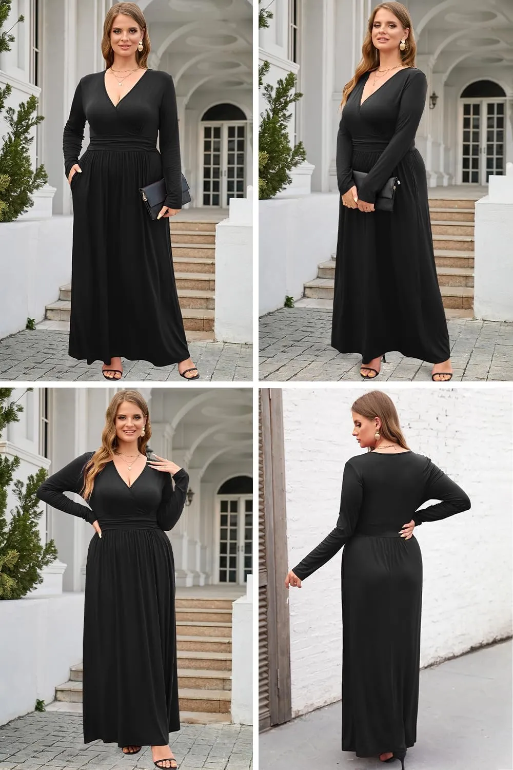 OUGES Women's Long/Short Sleeve V-Neck Wrap Waist Maxi Dress