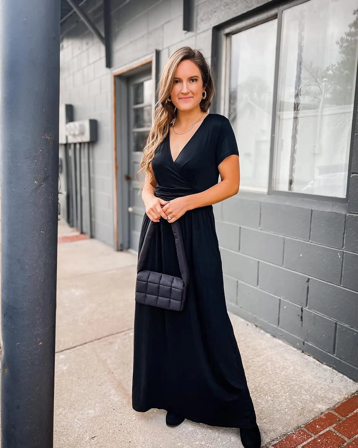 OUGES Women's Long/Short Sleeve V-Neck Wrap Waist Maxi Dress