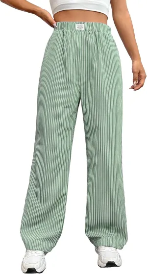 OYOANGLE Women's Straight Wide Leg Trousers Striped Print Letter Patched Detail High Waist Y2K Fashion Pants