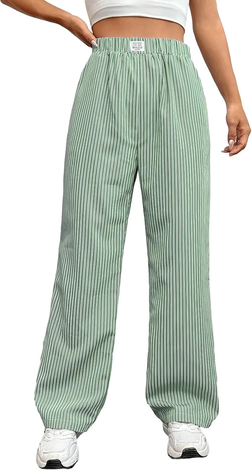 OYOANGLE Women's Straight Wide Leg Trousers Striped Print Letter Patched Detail High Waist Y2K Fashion Pants