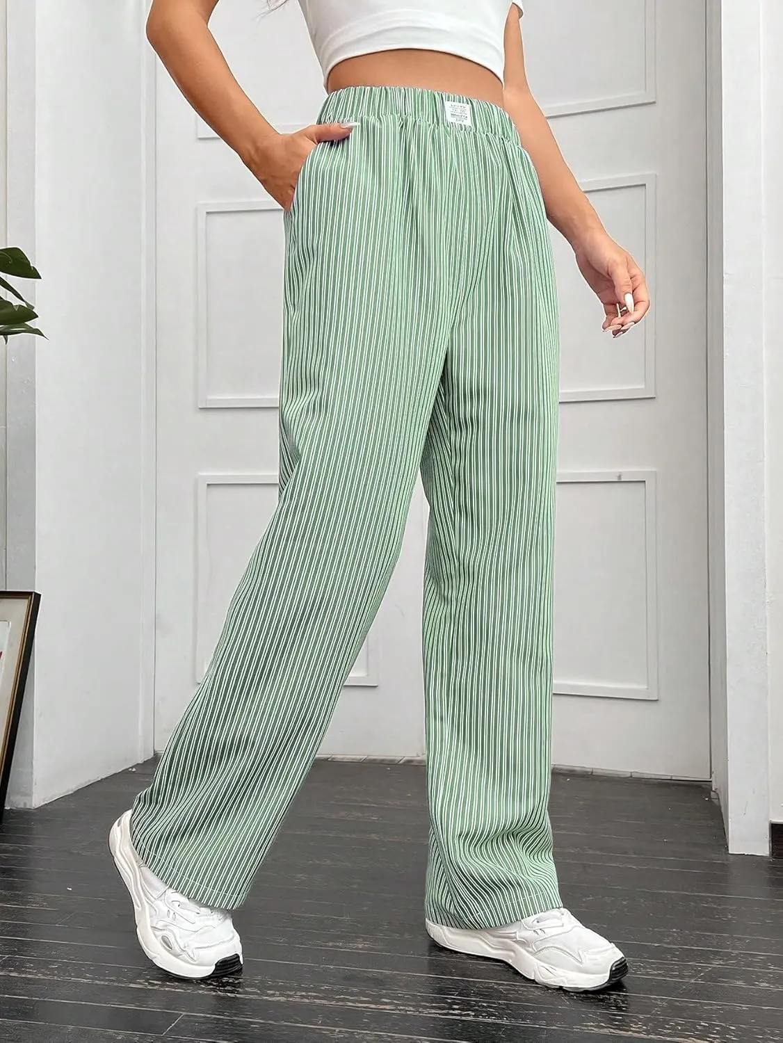 OYOANGLE Women's Straight Wide Leg Trousers Striped Print Letter Patched Detail High Waist Y2K Fashion Pants