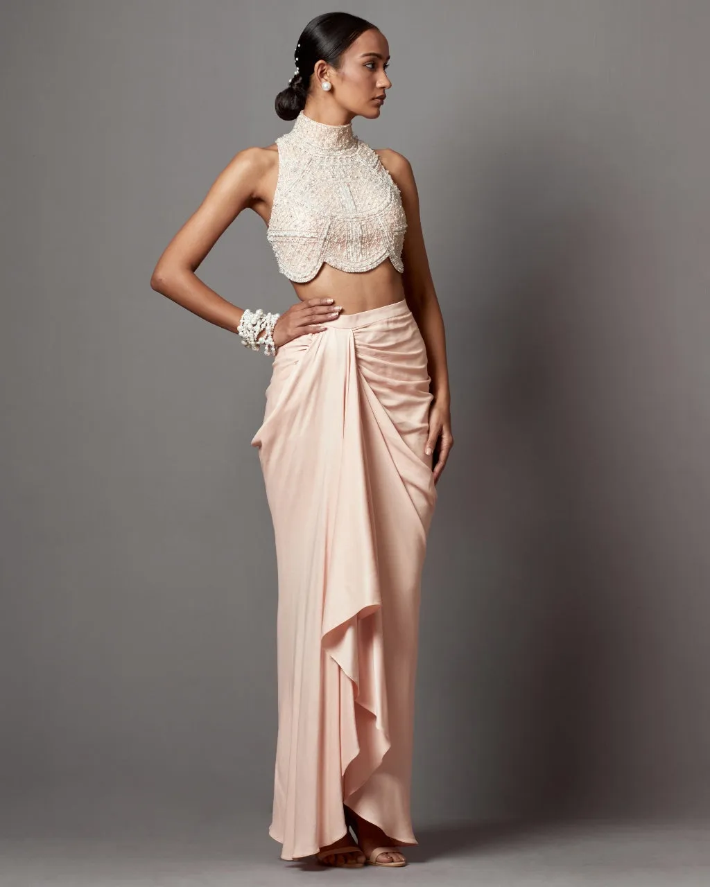 Pastel Pink Drape Skirt Blouse Set