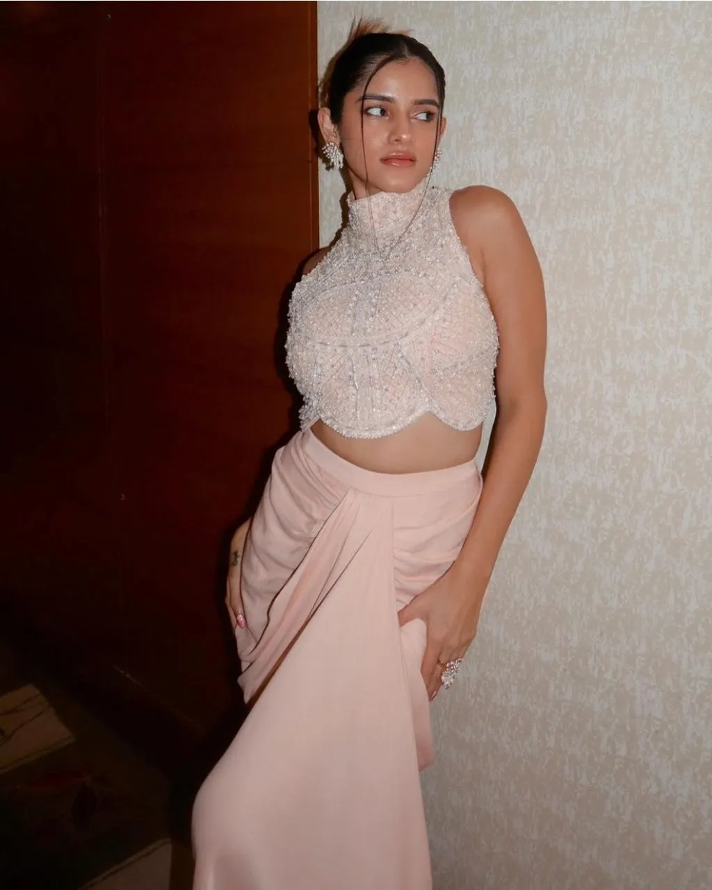 Pastel Pink Drape Skirt Blouse Set