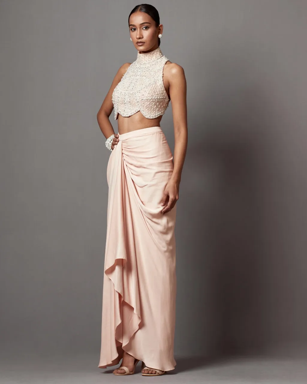 Pastel Pink Drape Skirt Blouse Set