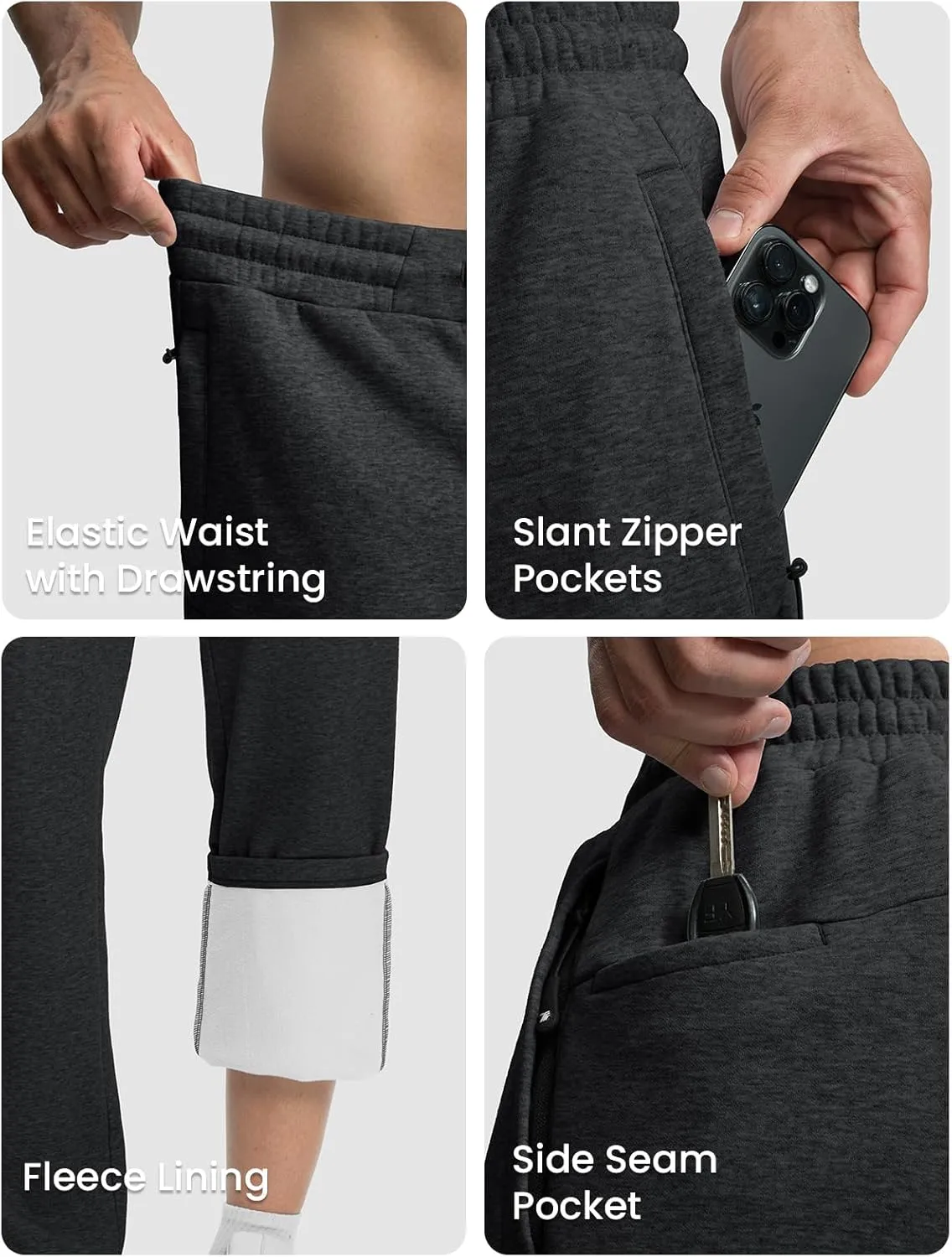 Rdruko Men's Fleece Sweatpants Straight Leg Athletic Yoga Lounge Pants Open Bottom Casual Jersey Pants with Zipper Pockets
