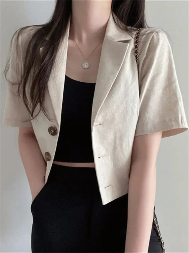 REALEFT Vintage Style Cotton and Linen Suit Women's Blazer 2024 Spring Summer Solid Color Short Sleeve Casual Short Outwear Coat