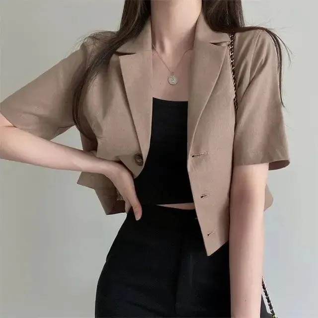 REALEFT Vintage Style Cotton and Linen Suit Women's Blazer 2024 Spring Summer Solid Color Short Sleeve Casual Short Outwear Coat