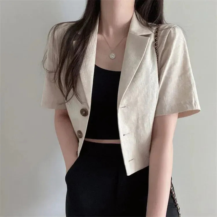 REALEFT Vintage Style Cotton and Linen Suit Women's Blazer 2024 Spring Summer Solid Color Short Sleeve Casual Short Outwear Coat