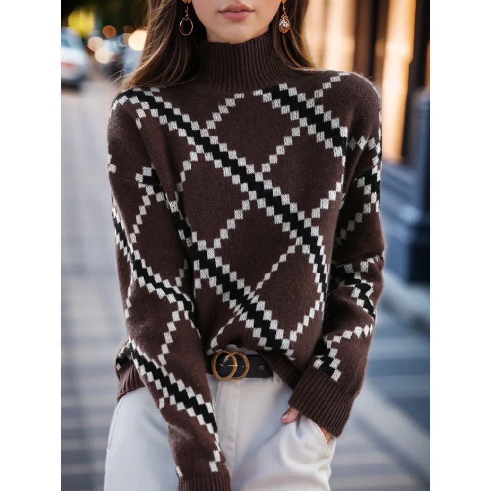 Retro Color-Block Jacquard Sweater with Half-Turtleneck