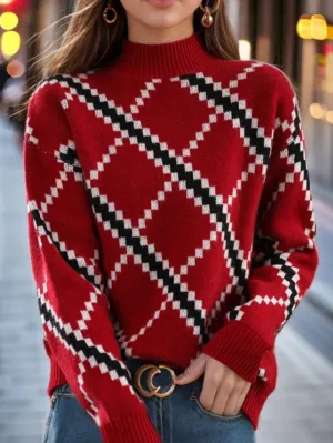 Retro Color-Block Jacquard Sweater with Half-Turtleneck