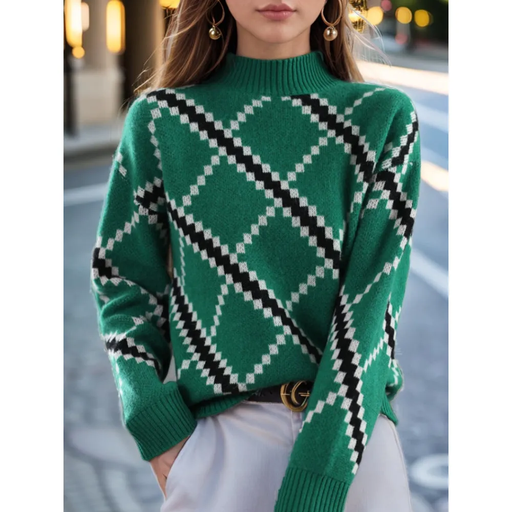 Retro Color-Block Jacquard Sweater with Half-Turtleneck