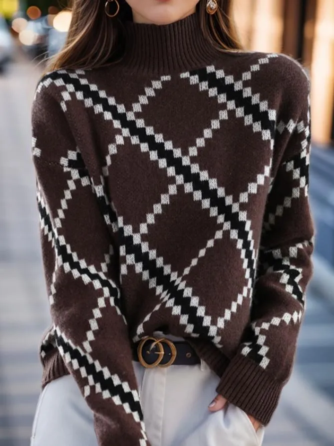 Retro Color-Block Jacquard Sweater with Half-Turtleneck