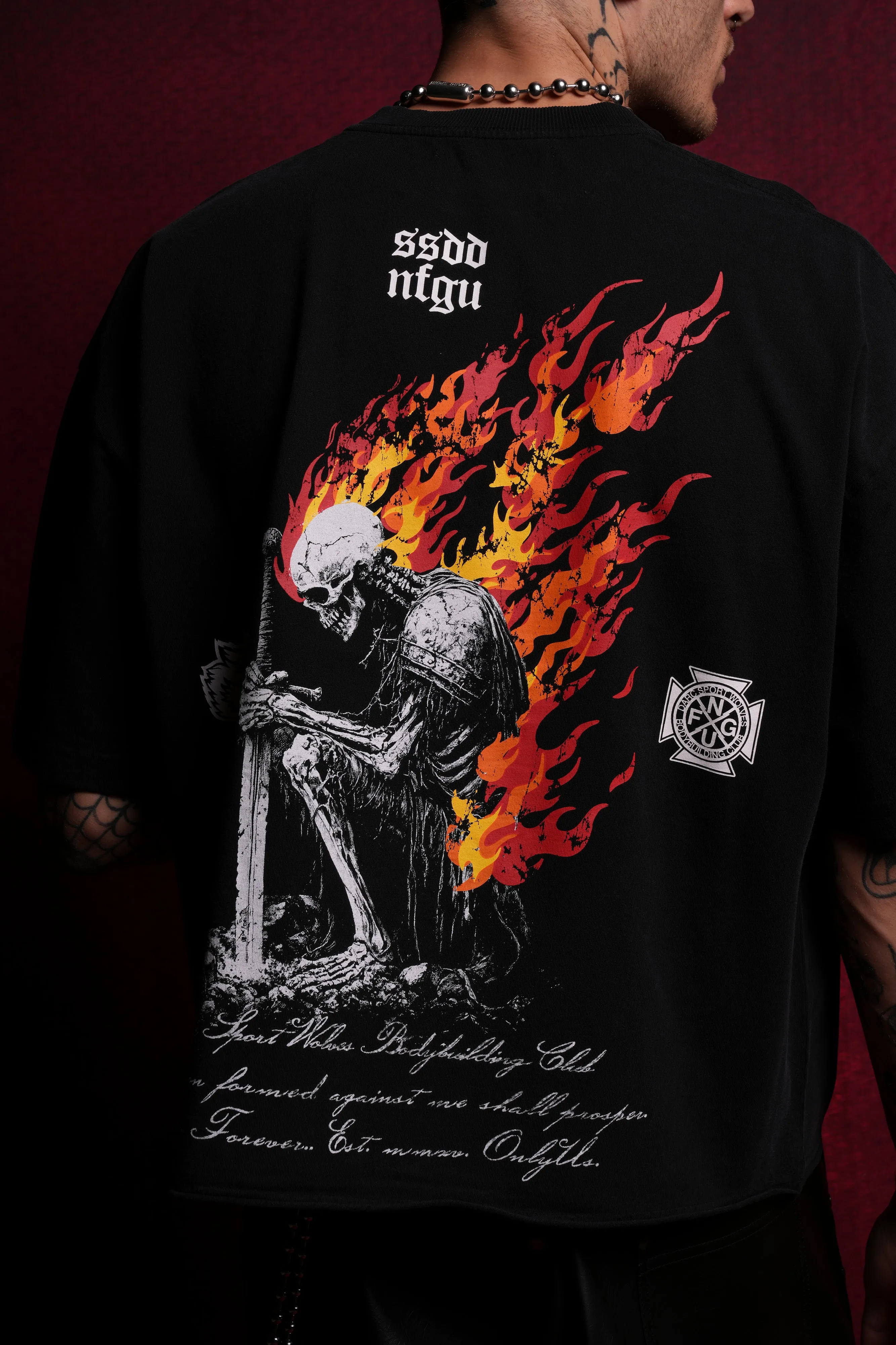 Sacred Fire Grunge Raw Hem "Box Cut" Tee in Black