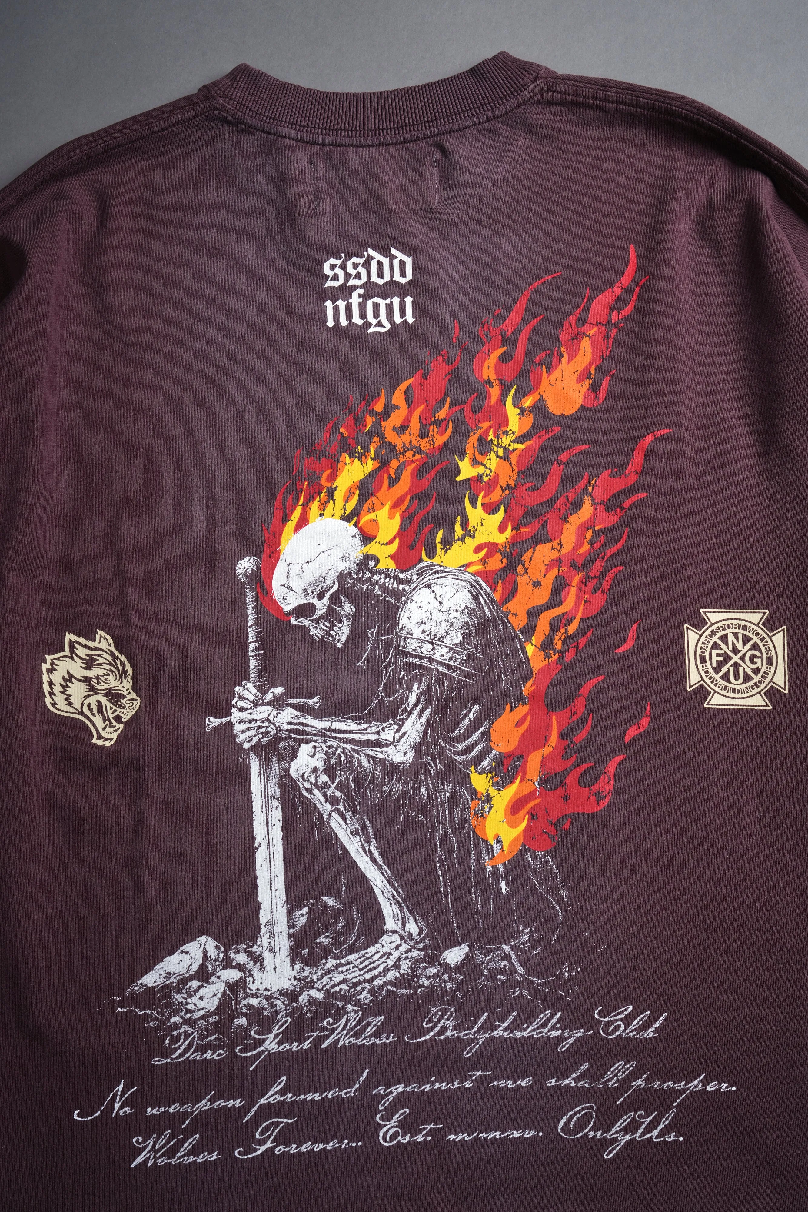 Sacred Fire Grunge Raw Hem "Box Cut" Tee in Darc Purple Spine Sun Fade