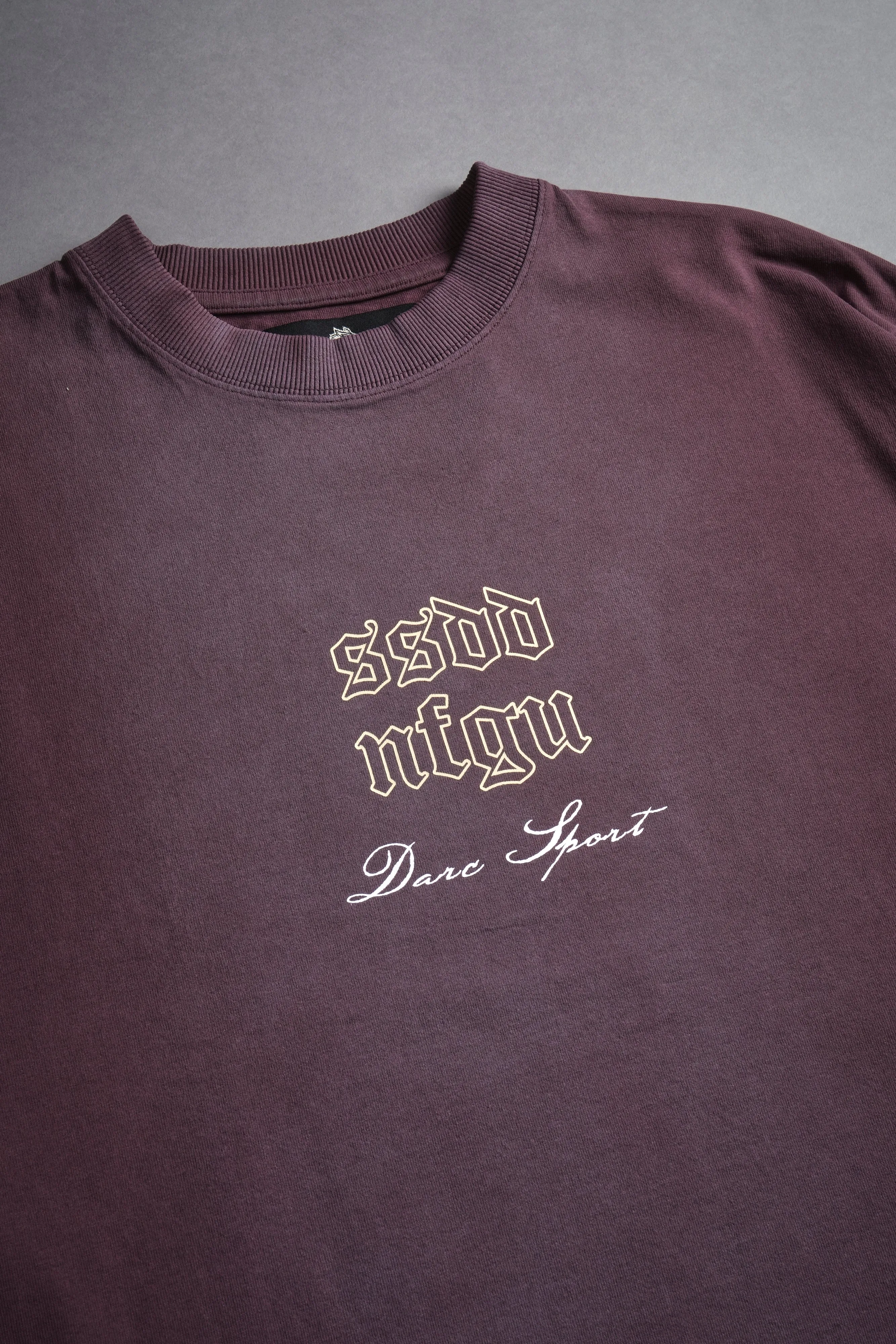 Sacred Fire Grunge Raw Hem "Box Cut" Tee in Darc Purple Spine Sun Fade